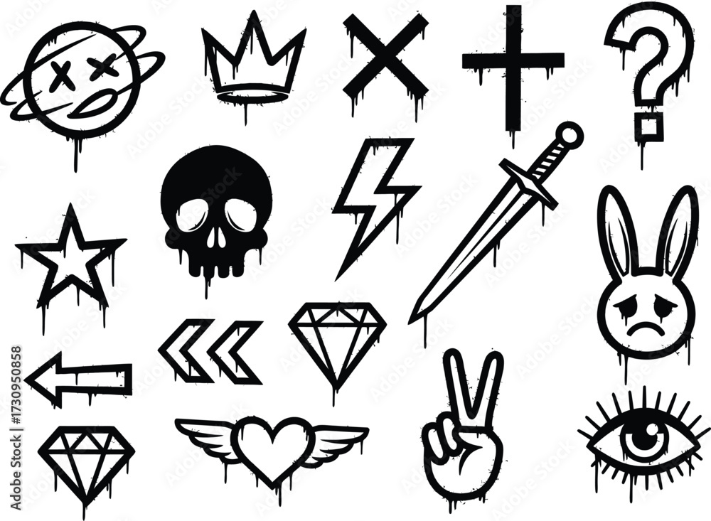 Naklejka premium Hand drawn drip graffiti style icons set for urban art and design silhouette