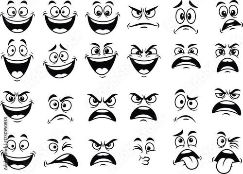 Collection of diverse cartoon face expressions with bold outlines silhouette