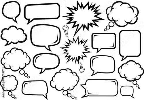 Collection of hand drawn speech bubbles and thought clouds variety silhouette