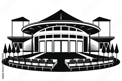 Black and White Illustration of a Modern Architectural Theater with Outdoor Seating