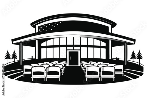 Black and White Illustration of an Outdoor Amphitheater with Rows of Seating