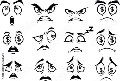 Collection of diverse cartoon faces expressing various emotions and feelings silhouette