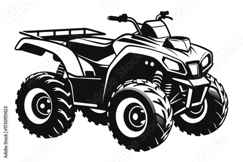 Detailed Black and White Graphic Illustration of an AllTerrain Vehicle (ATV) With Luggage Rack