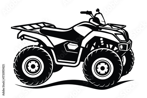 Black and White ATV Illustration FourWheeler Vehicle with Aggressive Tires, Detailed Design