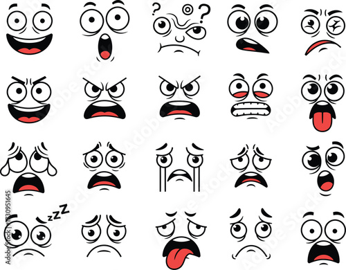 Diverse expressive cartoon faces emoji set emotions hand drawn style silhouette