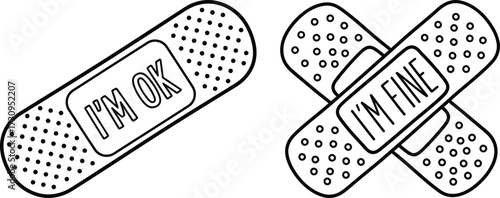 Hand drawn bandages with "i'm ok" and "i'm fine" messages silhouette