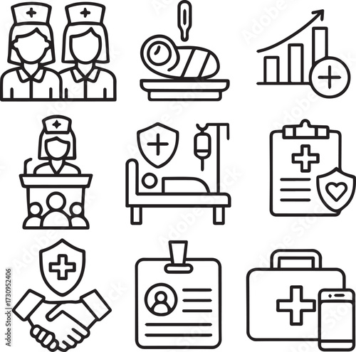 Global Nursing and Healthcare line and black Icons set.A compassionate doctor providing global healthcare.
