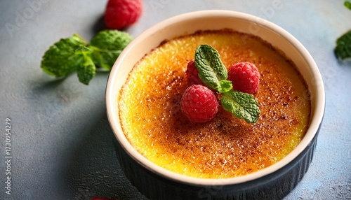 Close Up Of Creme Brulee Dessert With Raspberries And Mint