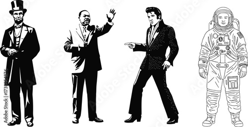 "Vector illustration of historical leader, inspirational speaker, cultural performer and astronaut figure in detailed retro black and white style"