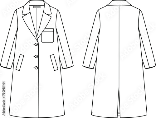 PrintMen's long coat technical fashion sketch, front and back view, vector illustration, garment construction, tailoring design, formal outerwear, apparel template