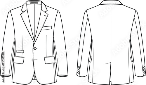 PrintMen's blazer fashion technical sketch, front and back view, vector illustration, tailoring design, garment construction, classic formal wear, apparel template