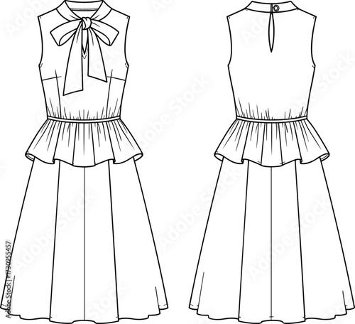 PrintSleeveless dress fashion sketch, bow neckline detail, gathered waist design, technical garment illustration, front and back view, vector template for sewing pattern