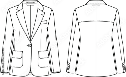 PrintTailored blazer technical sketch, front and back view, fashion design template, garment construction vector, stylish jacket illustration, pattern making reference