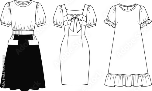 PrintWomen's dress fashion illustration, puff sleeve styles, vector garment sketch, front view design, casual and formal outfit template for sewing pattern