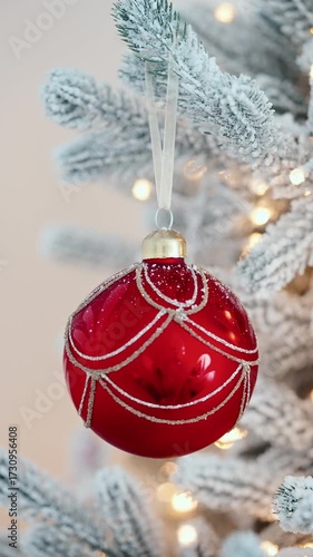 Snow frosted pine decorated shiny red bauble glowing lights blurred festive background vertical holiday ornament Christmas celebration cozy winter atmosphere seasonal decoration perfect stock design