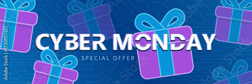 Cyber Monday sale banner template. Futuristic header with neon purple gift boxes, blue circuit board background and bold sale text. Flat vector brochure design for ecommerce promo, special offer ads