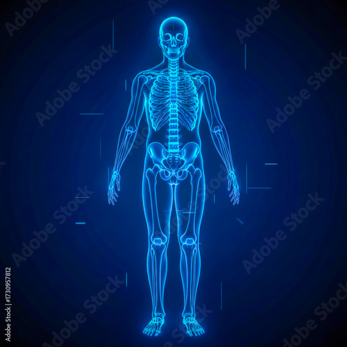 Glowing Human Skeleton X-Ray Scan – Futuristic Medical Anatomy Illustration