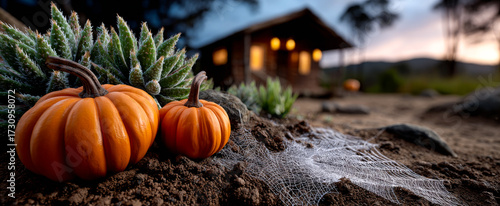 Autumn pumpkins by cabin. Two bright orange pumpkins sit on the ground beside a cozy cabin at dusk, with spiderwebs and plants nearby.