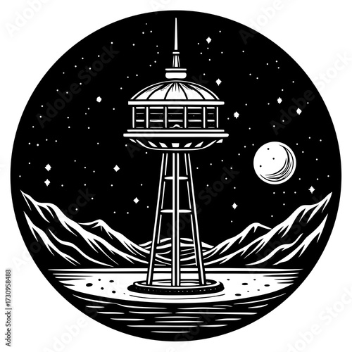 Space Elevator Silhouette Ascending from Earth into the Starry Cosmos, Futuristic Space Technology Concept