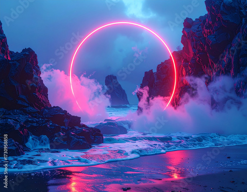fantasy landscape with red neon circle