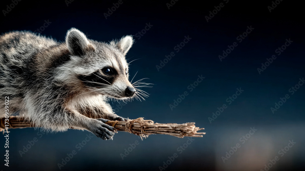 Obraz premium Raccoon perched on branch at night. A raccoon is carefully balancing on a narrow branch under a dark night sky, showcasing its curious nature.