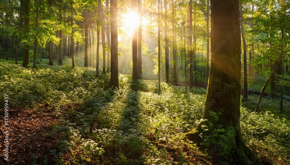 Obraz premium A Serene Forest Scene With Golden Sunlight Filtering Through Lush Green Leaves Creating A Warm And Inviting Atmosphere Perfect For Evoking Feelings Of Peace And Tranquility