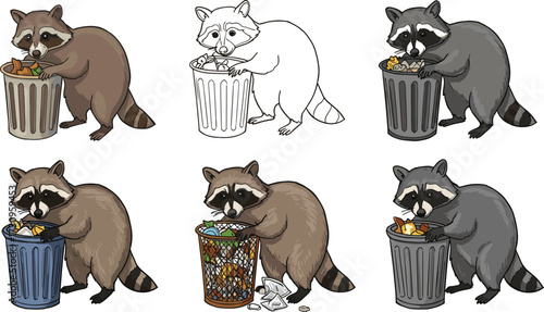 Cartoon raccoon with garbage bin, raccoons sorting trash, waste management, recycling, vector animal illustration