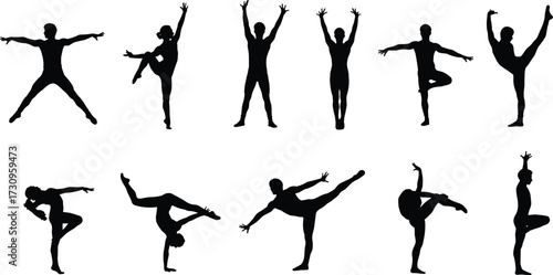 Dance silhouette, yoga pose illustration, gymnast figure clipart, fitness artwork, stretching body design, sport movement graphic