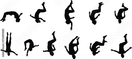 Man flipping silhouette, acrobatic jump pose, human body action, athletic movement, backflip illustration, gymnastics vector design sequence