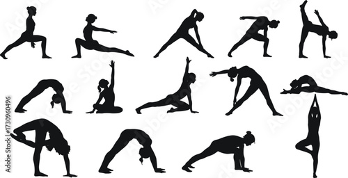 Yoga silhouette poses, meditation exercise, fitness stretching vector, woman workout illustration, healthy lifestyle design, body balance