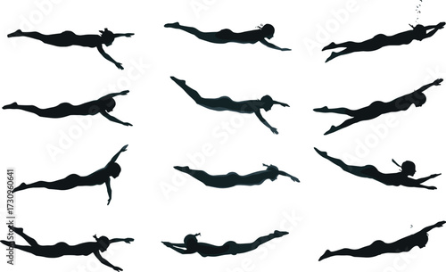 Woman swimming silhouette, underwater pose sequence, female diver motion, aquatic sport illustration, snorkeling action, free dive vector design