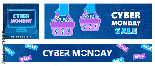 Set of Cyber Monday web banners with flat cartoon shopping baskets, computer monitor, SALE coupons/tickets on blue circuit board background. Promo display posters for online shopping ad, special offer