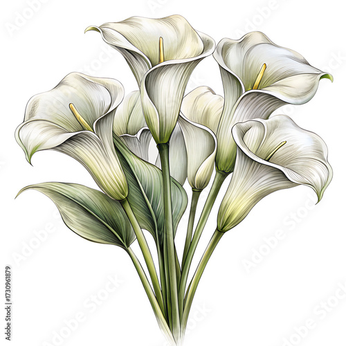 White calla lilies bouquet isolated on transparent background