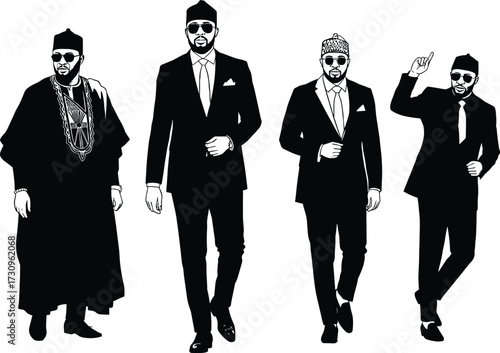 "Vector illustration of stylish men in suits and traditional attire combination with sunglasses, accessories, modern fashion design and cultural elegance"