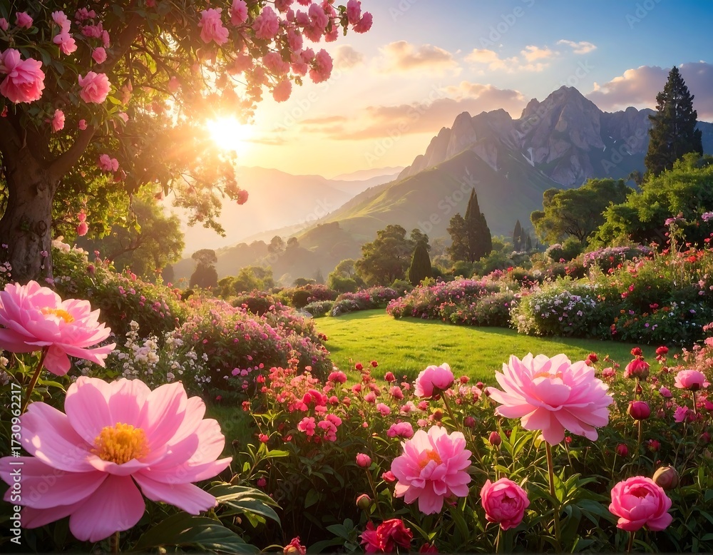 Fototapeta premium Lush garden, mountain sunset
