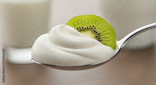 Creamy yogurt topped with fresh kiwi slice on spoon  