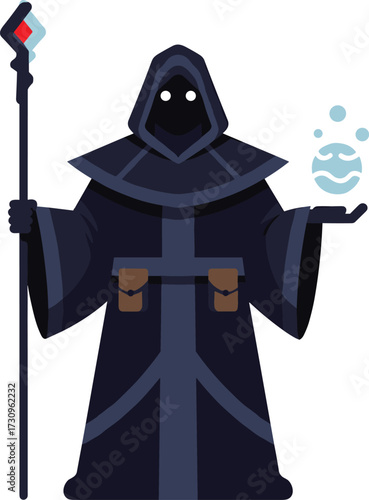 Dark hooded wizard casting magic spell with glowing orb and staff, fantasy sorcerer character, mystical mage, magical powers concept
