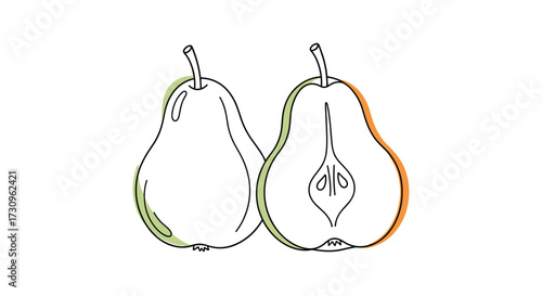 A whole pear and a half pear cut to show its seeds and core.