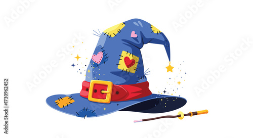 A charming blue witch hat adorned with colorful patches a magical wand rests nearby.