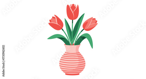 A lovely bunch of red tulips in a pink striped vase.