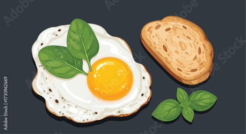 A delicious breakfast of a perfectly fried egg with fresh spinach and a slice of toasted bread.