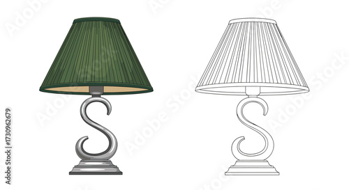 Elegant antique desk lamp with decorative S shaped base and green patterned shade.