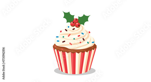 A delightful holiday cupcake decorated with festive frosting and sprinkles