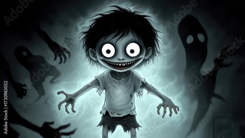 Wallpaper Mural Creepy Cartoon Child with Wide Eyes and Grinning Mouth Surrounded by Shadowy Figures. Torontodigital.ca