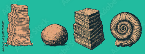 Vintage Engraving of Rocks and Fossils – Retro Geology Illustration