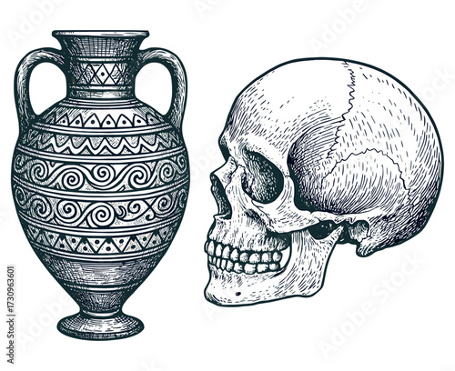 Vintage Archaeology Engraving – Ancient Pottery and Human Skulls