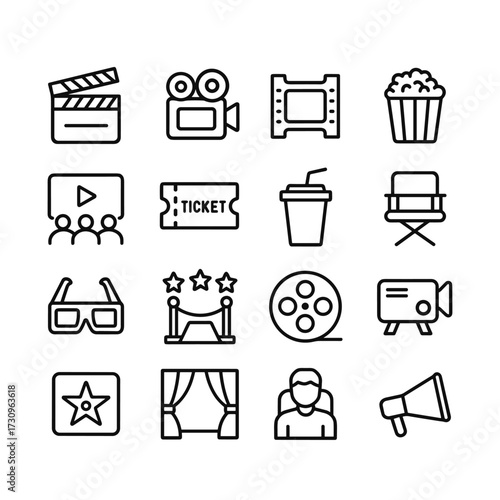 Cinema and movie theater vector icons collection. Outline symbols. Line design