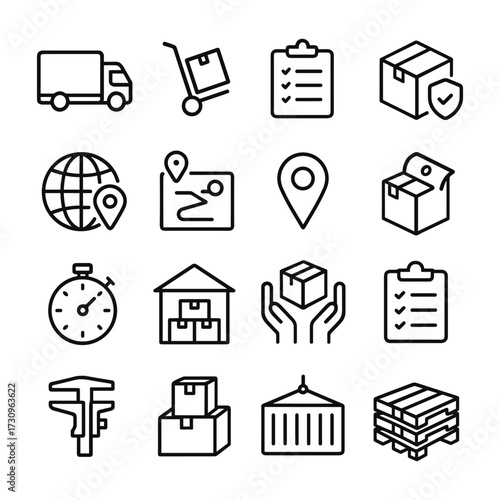 Freight and cargo transport vector icons set. Outline symbols. Line design