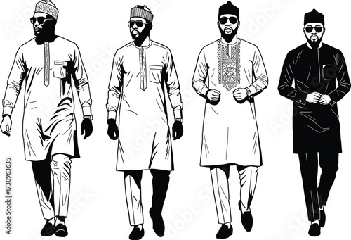 "Vector illustration of stylish men in traditional clothing with modern accessories including sunglasses, wristwatches, embroidery fashion and cultural attire design"