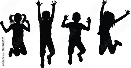 Jumping children silhouettes – energetic boys and girls in mid-air, joyful kids having fun, childhood activity vector illustration